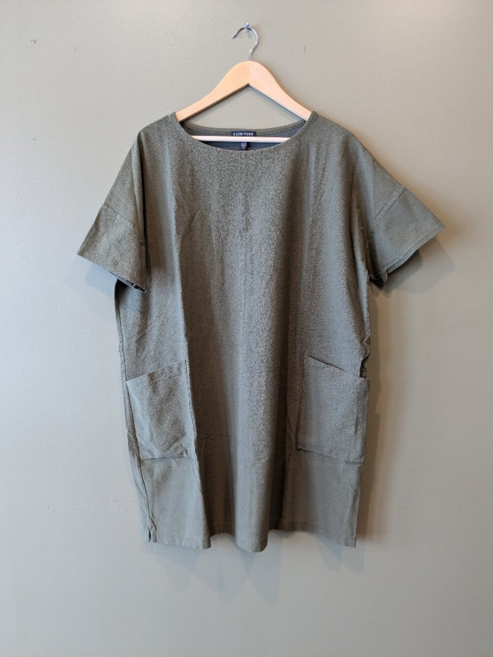 Eileen Fisher Olive Crepe Shift Short Sleeve Dress Womens Large Lagenlook Boxy